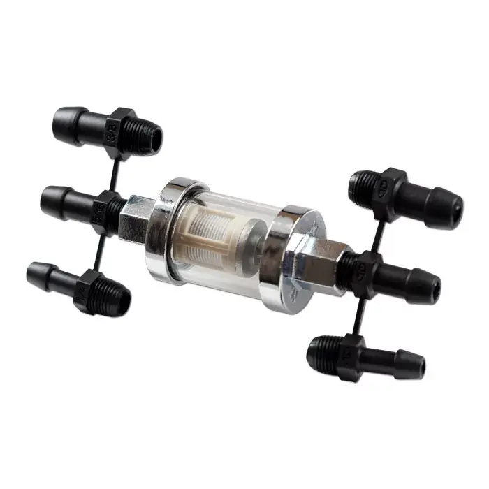 Benzinfilter chrom/glas Ø26mm mit 6,5/8/10mm Anschlüssen Sonderangebot