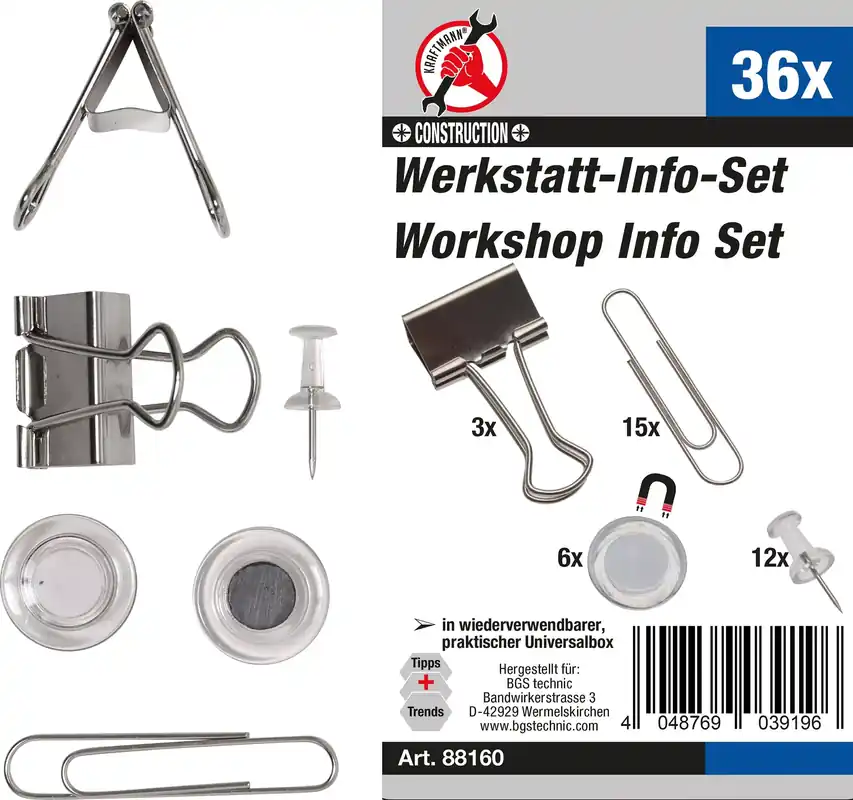 Heißes Angebot Werkstatt-Info-Satz 36-tlg. mit Büroklammern, Magneten und Nadeln
